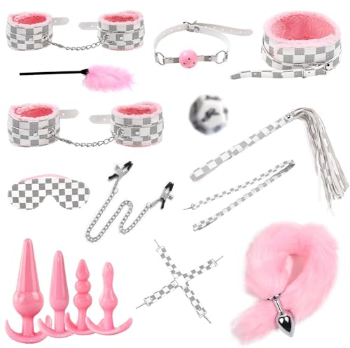 19 Pièces Couple Bondage Set,2025 Nouveau Set Menottes Lit,Plug Anal Queue de Renard,Menottes Érotique,Pince Teton,Jeux Sexuelle Adulte Couple