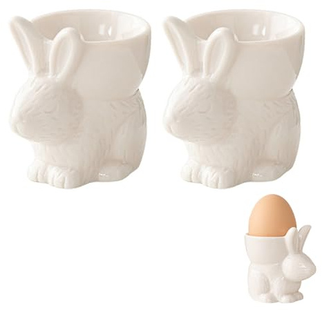 Lergas Eierbecher Ostern, 2 Stück Osternhase Eierbecher Porzellan, Ostern Eierbecher Kinder, Osterdeko Kaninchen Eierbecher Keramik, Osternhase Eierhalter Lustig für Ostern Tischdeko (Weiß)