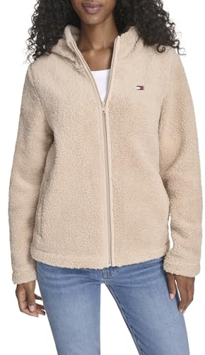 Tommy Hilfiger Damen-Kapuzenjacke mit Reißverschluss, Sherpa-Fleece, Light Heather Fawn, L