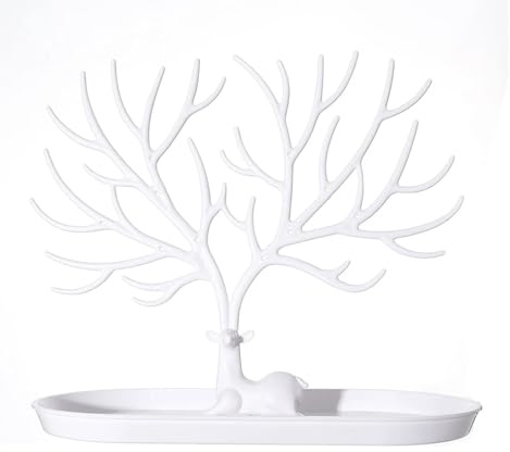 Espositore ad albero, per orecchini, collane, anelli, organizer per scrivania, motivo: cervi, decorazione per trucco (bianco)