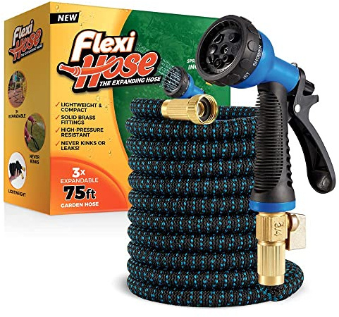 Flexi Hose Expandable Garden Hose with 8 Function Nozzle, 75FT - Lightweight Retractable Garden Hose, Water Hose - No-Kink Flexibility, 3/4 Inch Solid Brass Fittings and Double Latex Core