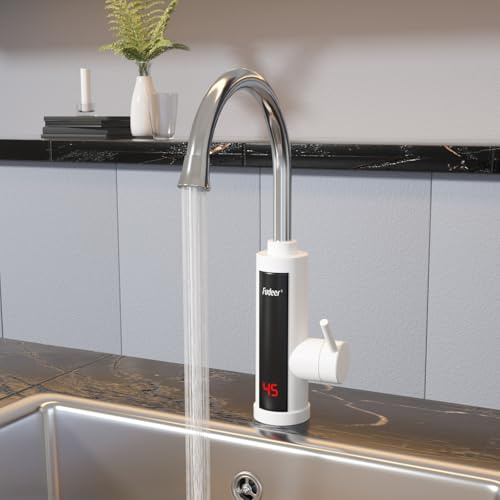 Fudeer 220V Electric Hot Water Faucet for Kitchen,ABS 3.3Kw Instant Hot Water Tap,360 Degree Rotate Warm Water Tap with Digital Display 30-45℃(White)