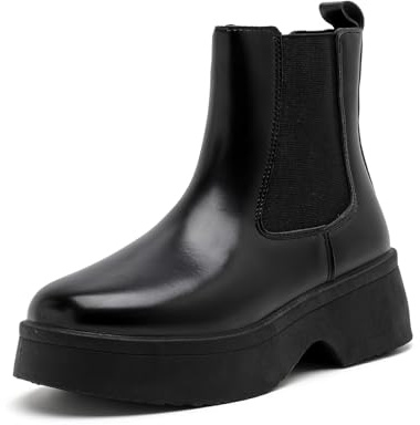 MEMON Women's Chelsea Boots Slip On,Black Boots For Women Ankle,Fashion Wedge Chunky Platform Booties(ME2505-BLACK-10)