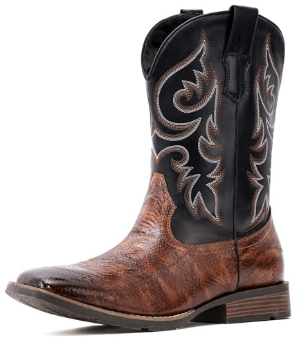 IUV Cowboy Boots Men Square Toe Western Boots Durable Classic Embroidered boot Pull On Slip Resistant Boot