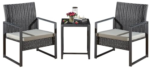 Yaangagpe 3-Piece Rattan Garden Furniture Set, Rattan Bistro Set with 1 Coffee Table & 2 Seater Chairs with Grey Removable Cushions, Outdoor Furniture for Patio, Balcony, Poolside