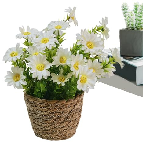 Fiori artificiali in vaso, bouquet di margherite setose, design vaso in rattan, effetto bonsai, fiori finti luminosi con finitura naturale, accento interno, centrotavola per mensole per casa da tavolo