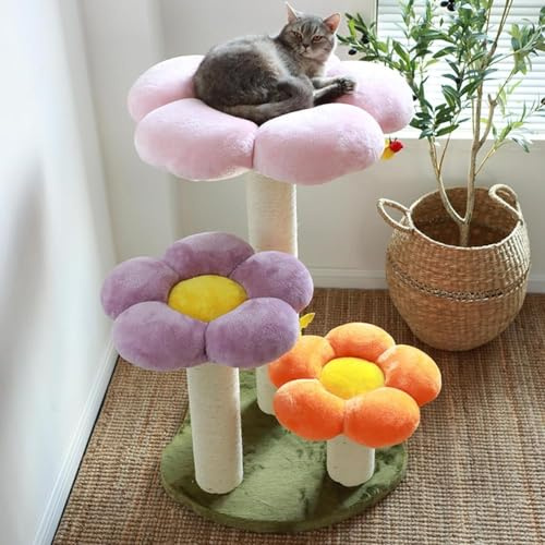 Árbol para gatos con poste rascador para gatos, bonita torre para gatos en forma de flor para gatitos, pequeño árbol para gatos de interior con percha superior de felpa, para gatos juguetones
