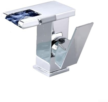 TDCuizent Waterfall Bathroom Basin Faucet with LED Temperature Sensor Lights Single Handle Deck Mount Mixer Tap in Copper for Modern Wash Basin Cabinet Colour Changing Waterfall Spout Design (Silver)