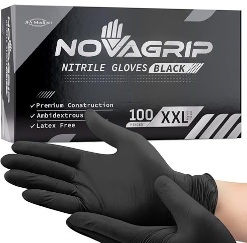 Novagrip JFA Medical Disposable Powder Free Latex Free Black Nitrile Gloves - Box of 100 (Extra Extra Large)