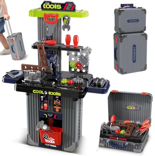 BAKAJI Playset Trolley Banco Attrezzi per Bambini con Accessori Realistici, Multifunzione, Valigetta Trasformabile 2 in 1, Postazione da Lavoro Tutto Fare Fai da Te con Utensili, Idea Regalo