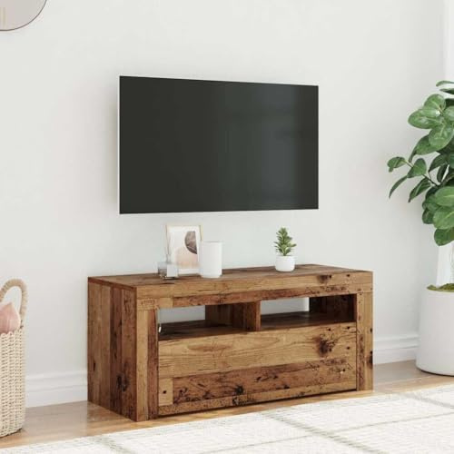 Meuble TV en Bois d'Ingénierie, avec Éclairage LED RGB, Rangement avec 1 Porte et 2 Compartiments, Meuble d'Appoint, Armoire de Rangement, adapté au Salon et à l’Entrée, Bois Recyclé, 90x35x40 cm