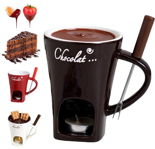 Chocolate Fondue Mug with Forks - 130ml Chocolate Melting Cup, Ceramic Butter Warmers Pot Set, Personal Cheese Melting Cup, Fondue Heated with A Tealight, Warmer Mug for Candy Snack Caramel Party