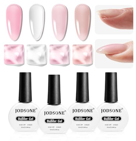 JODSONE Builder Gel per allungamento delle unghie, 10 ml, 4 pezzi, rosa gelatina, nude e bianco, gel rinforzante per unghie spesse e forti, a lunga durata, con luce UV