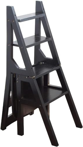 4-Step Folding Wooden Ladder Chair - Anti-Slip Stool for Kitchen Library & Plant Stand - Versatile Black Dining Chair & Bookshelf Organizer