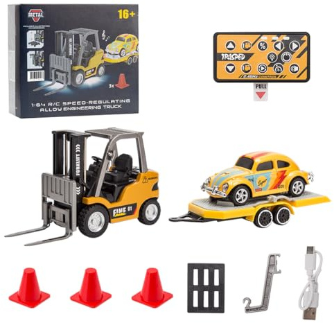 MechEdu Carrello elevatore radiocomandato in scala 1:64, mini carrello elevatore in alluminio da 2,4 GHz con controllo radio, gancio di carico, forchette e pallet, adatto per adulti collezionisti