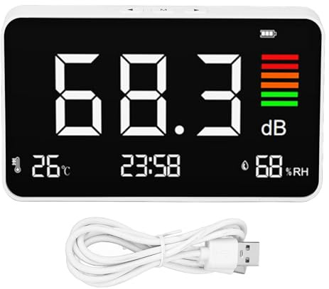 Compteur de décibels de bureau numérique de niveau sonore 30–130 dBA avec affichage de l'heure, de la température, de l'humidité, du niveau de bruit, appareil de mesure