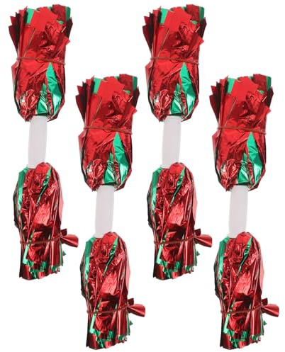 Hohopeti Lot de 4 Pompons de Cheerleading avec Poignée Moyenne Boules Métalliques Rouge et Vert Accessoires Légers en Pet pour Danse Compétitions Sportives et Spectacles D’Équipe