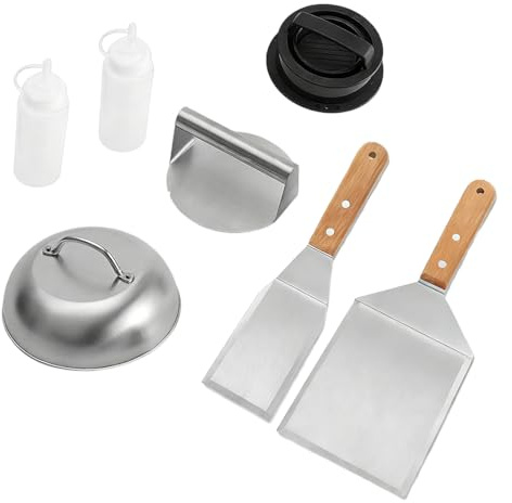 Smash Lot de 7 presse-hamburger avec spatule et cloche à hamburger et spatule et bouteille à sauce Teppanyaki (couleur bois)