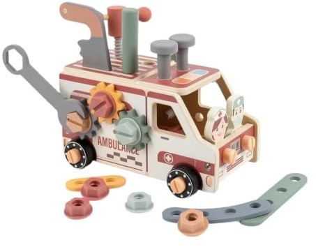 MFMEXUL Set di Attrezzi in Legno per Bambini, Cassetta degli Attrezzi in Legno per Giochi di Ruolo, Giocattolo Educativo per Sviluppare Le capacità Motorie Fi, Ambulanza