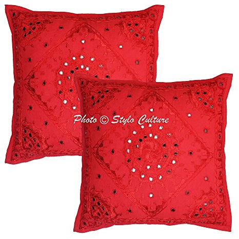 Stylo Culture Ethnicas Fundas para Cojines Decorativos 40x40 cm Algodón Espejado Forros De Cojines Silla Rojo 16x16 Inch Bordado Cuadrado sobre Fundas para Almohadones Cama - 2 Pcs
