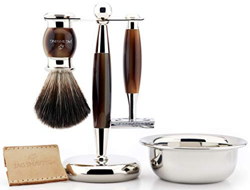 Jag Rasierset für Herren, luxuriös, mit doppelseitigem Rasierhobel mit Ledertasche, Rasierpinsel, Ständer und Schüssel