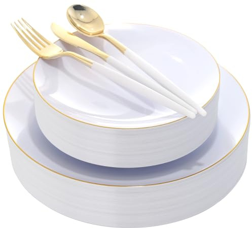 DaYammi 150Pcs Gold Plastic Plates with Disposable Silverware,White Gold Disposable Dinnerware Set - 30 Dinner Plate,30 Dessert Plate,90 Gold Cutlery with White Handles,Fancy Plates for Party Wedding