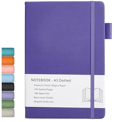 Bullet Dotted Journal Notizbuch A5, Hardcover Dotted Journal mit Premium 100 GSM Dickes Papier, 192 Seiten, Innentasche, Elastisch Gebändert, Kunstledereinband, 14,5x21,3 cm (Lila)