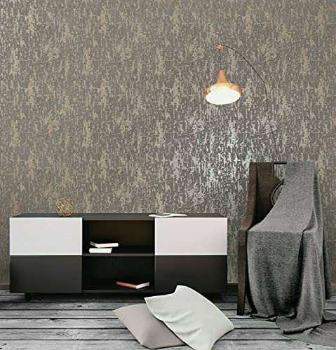 SOPHIE LAURENCE Luxury Metallic Concrete Textured Paste The Wall Industrial Distressed Effect Charcoal Slate Wallpaper (Charcoal Gold)