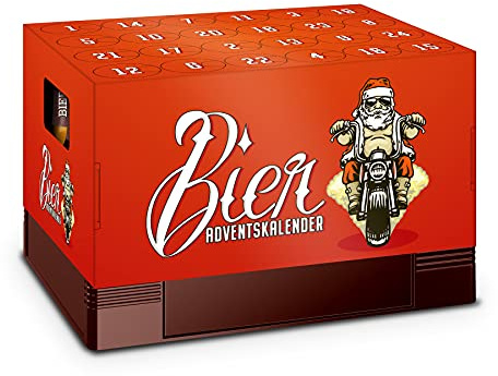 itenga Adventskalender Aufsatz für Bierkasten Männer Adventskalender zum Selber Befüllen Bieradventskalender rot mit Nikolaus auf dem Motorrad