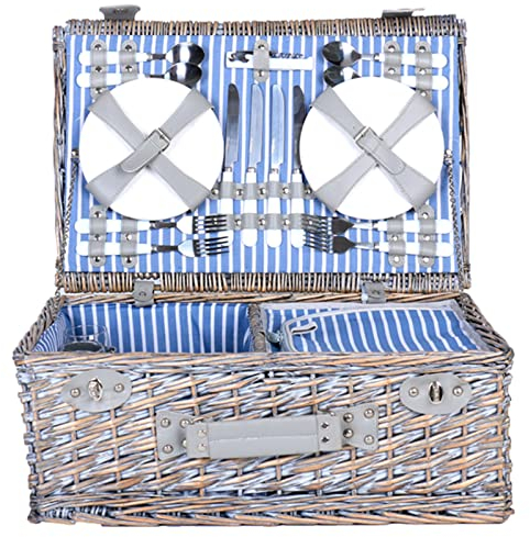 AADECOR Picknickkorb-Set für 4 Personen, Willow Picknickkorb mit isolierter Kühltasche und Geschirr, Handgemachter Geschenkkorb für Camping und Party im Freien am See