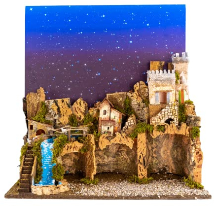 Holyhome Crèche 60 x 34 x 44 cm (23,62 x 13,38 x 17,32 pouces) avec lumière et ciel étoilé en fibres optiques, fabriquée et peinte à la main, fabriquée en Italie