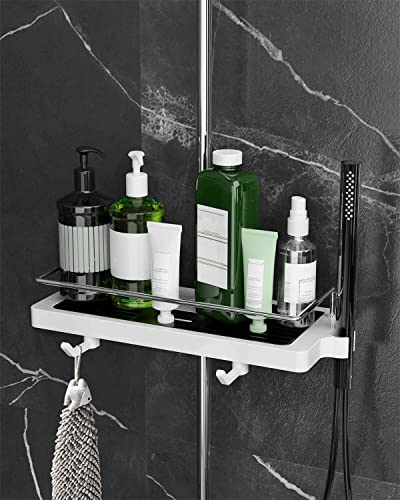 Howdah Porta Bagnoschiuma da Doccia, Mensola Doccia Senza Foratura, Supporto per Accessori da Bagno con 2 Ganci e Recinzione in Acciaio Inox, Adatto per Aste da Doccia 18mm-25mm Bianco