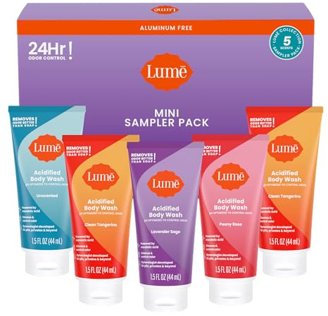 Lume Acidified Body Wash - 24 Hour Odor Control - Moisturizing Formulated No SLS or Parabens - 1.5 oz Tubes (Clean Mandarin, Lavender Sage, Peony Rose, Coconut - 5 Pack