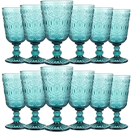 Juego de 12 copas de vino vintage de 9 onzas, copa de vidrio de color vintage para bebidas, copas de vidrio con tallo romántico en relieve para bodas, fiestas, vacaciones, aniversario (azul)
