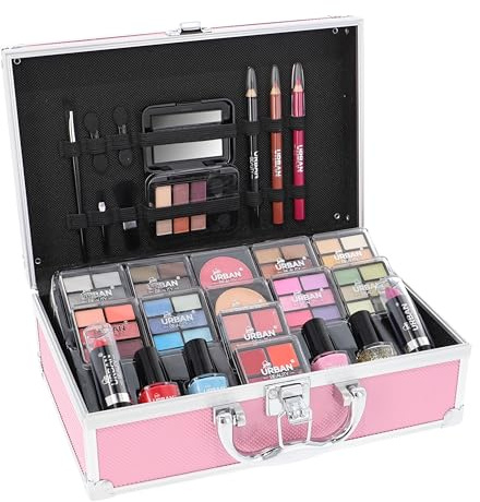 LOVE URBAN BEAUTY Végétalien Trousse maquillage rose vif - Kit maquillage 82 pièces adolescentes et femmes avec ombres à paupières, fards, rouges à lèvres et produits pour les ongles