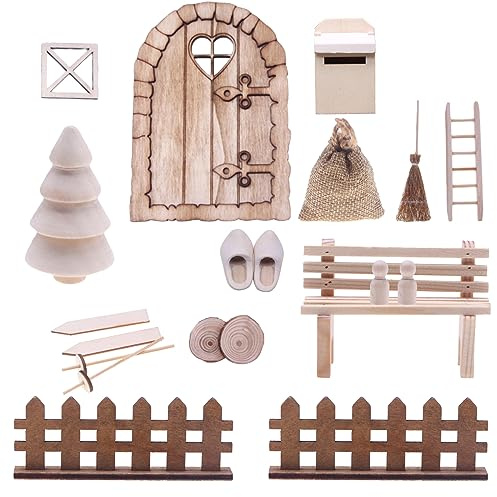 Nabeta Deco Holz Wichteltür Komplettset Miniatur Weihnachten Puppenhaus Zubehör Weihnachtswichtel Tür Set mit Weihnachtsbaum Feentür Schlitten Zaun unisex