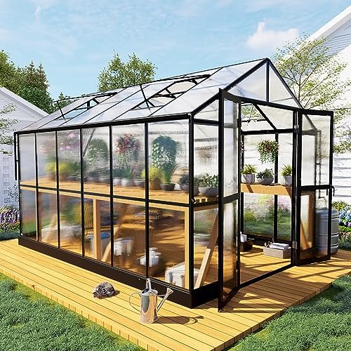 HOWE 8x12x7.5 FT Polycarbonate Greenhouse Double Swing Doors 4 Vents 5.2FT Added Wall Height, Walk-in Large Aluminum Sunroom Winter Greenhouse for Outdoors, Black