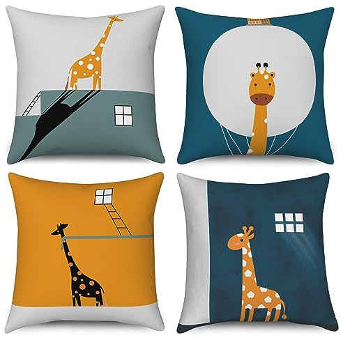 ASDCXZ Kinder Kissenbezug 50x50 cm 4er Set, Niedlich Tier Giraffe Kinder Grau Blau Gelb Sofa Dekokissen Kissenbezüge Kissenhülle Waschbar Polyester Flachs Textil Outdoor Kopfkissenbezug Kissen Bezug
