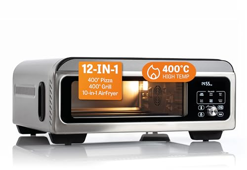 BAUMFELD PizzaAirfryer400 silber - 12 in 1 Multifunktionsofen, Pizzaofen, 400 °C, tragbar, Grillen, Pizza, Air Fryer, Backen, XXL Zubehör, Indoor, Steinofenplatte, Gusseisenblech