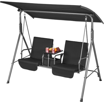 VEVOR 2-Sitzer-Hollywoodschaukel Terrassenschaukel mit verstellbarem Baldachin, Aufbewahrungstasche und drehbarem Tablett Oxford-Gewebe und Rahmen aus legiertem Stahl für Balkon Hinterhof Schwarz