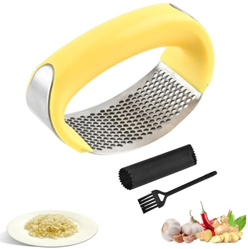 DDUP Garlic Press Rocker Stainless Steel, Garlic Mincer Tool with Garlic Peeler Tube, Garlic Crusher Garlic Presser with Ergonomic Handle, Garlic Slicer & Grinder Extracts More Garlic Paste(Yellow)