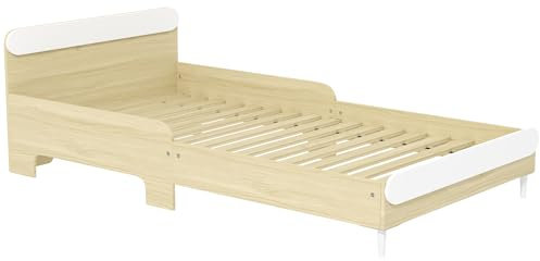 AIYAPLAY Lit d'enfant rectangulaire, 90x190 cm Lit d'enfant 3-10 ans avec cadre en bois de pin et barrières de protection pour chambre d'enfant, blanc et couleur bois