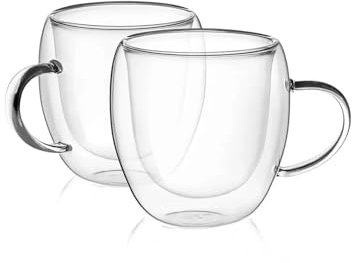 Wintem Set Tazze per Caffè e Tè 250ml - Diametro 8,3cm - Fatte di Vetro Borosilicato sono Resistenti ed Eleganti - Doppie Pareti per Isolamento Termico - Manico Ergonomico - Resistono Fino a 300°C