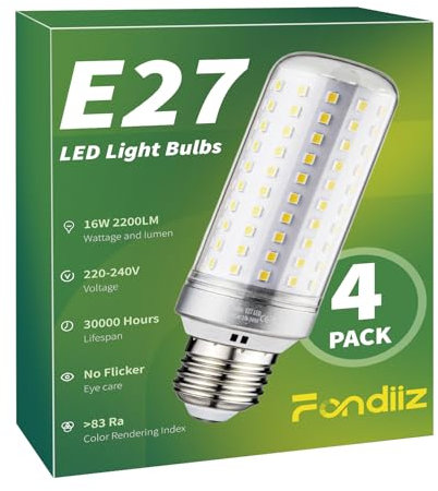 Fondiiz Ampoule E27 Blanc Froid 6000K, 16W 2200LM E27 LED Forte Luminosité Équivalent 200W Halogène, Ampoules LED Intérieur E27 Économie d'Énergie, Lampe E27 Maïs 220-240V, Non-dimmable, Lot de 4