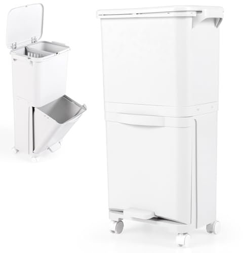 BDSHGRDH kitchen bin， Recycling Bins, 40L Pedal Kitchen Bin with 3 Compartments, Lockable Wheels, Classification Stickers & Handle
