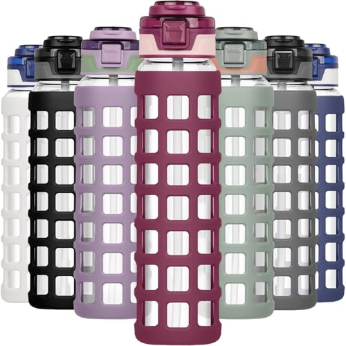 Ferexer Glass Water Bottle 1 litre / 660ml with Handle Straw Flip lids, leakproof, BPA free Water Bottle,Sustainable Borosilicate Glass, with Silicone Sleeve Sports Glass Drinking Bottle Red