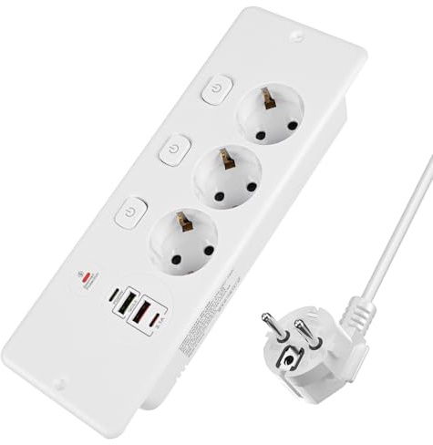 LustLocke Regleta Empotrable con USB, 3 Enchufes con Interruptores Individuales y 2 USB-A y 2 USB-C, Regleta de Mesa con Cable de Extensión de 1.8M, para Muebles o Superficies de Trabajo