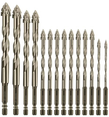 ePicsoa Exzenterbohrer Set, 14-Teiliger Gerwand Bohrer mit 4 Schneiden, 3/4/5/6/8/10/12 mm Hochfeste Sägezahnbohrer, 1/4 Sechskantschaft, für Beton, Glas, Keramik, Holz, Metall, Bohren (Gelb)