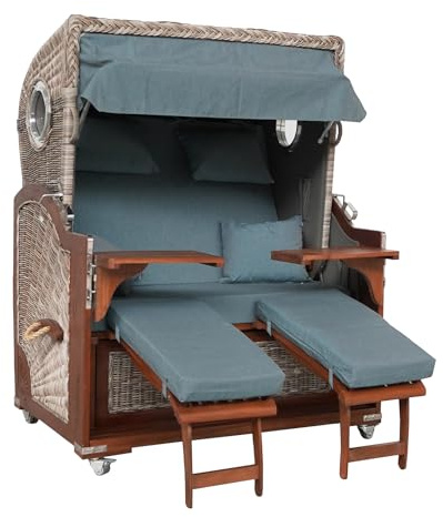 Webavita Strandkorb Bali Mahagoniholz | 2,5-Sitzer | Montiert | Geflecht Grau | Bezug Grau | Halblieger | Beach Chair für den Garten Terrasse Balkon