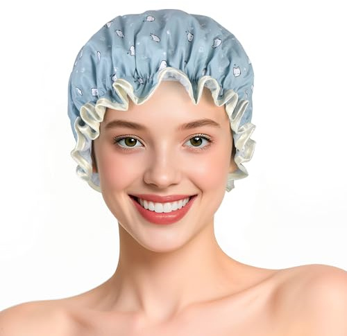 Double Layer Waterproof Shower Cap With Elastic Band, Reusable Bath Cap for Women -Large Waterproof Plastic Shower Hat for Long, Short and Curly Hairs Spa Salon (Blue-Little Cat)